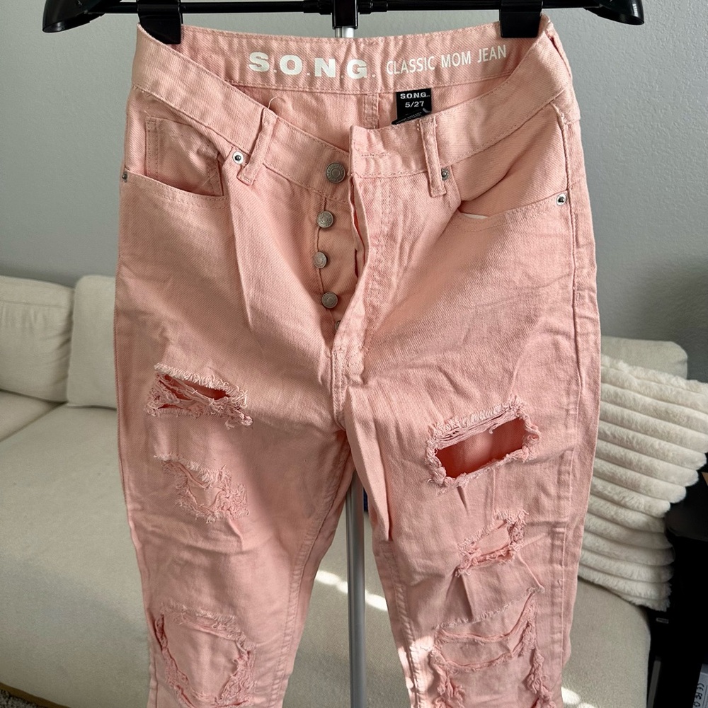 SONG Women's Distressed Pink Boyfriend Jeans